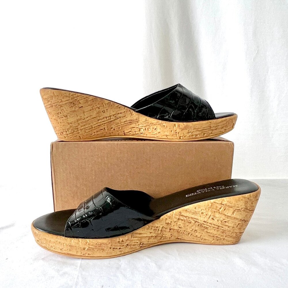 Marzia Vellutini Slip-on Wedge Sandals, Black with Cork-Like Heel, Size 9, EC